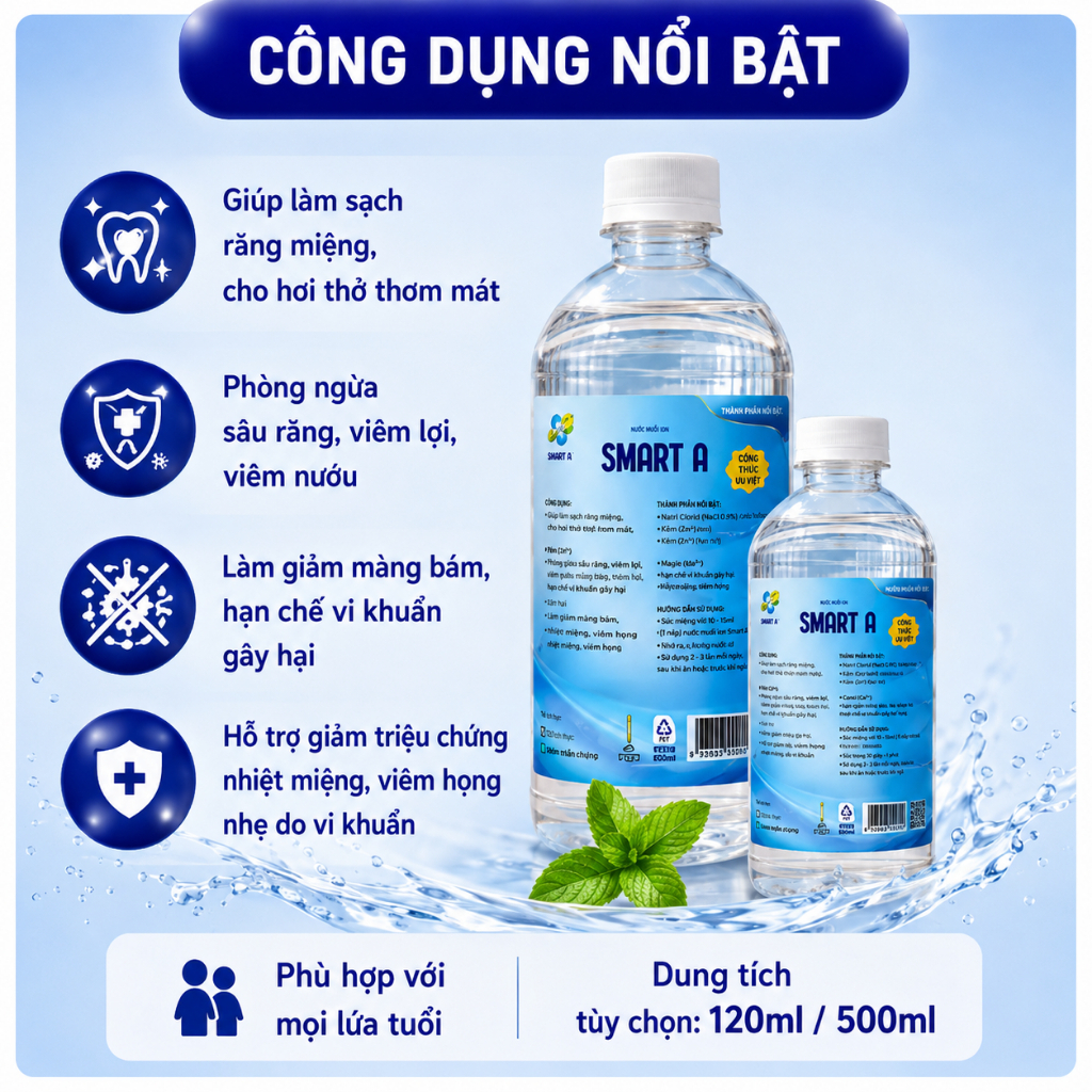 [MẪU MỚI] Nước Muối Smart A ion Kiềm 500ml Hỗ Trợ Vệ Sinh Răng Miệng, Súc Miệng Hàng Ngày, An Toàn Lành Tính G55