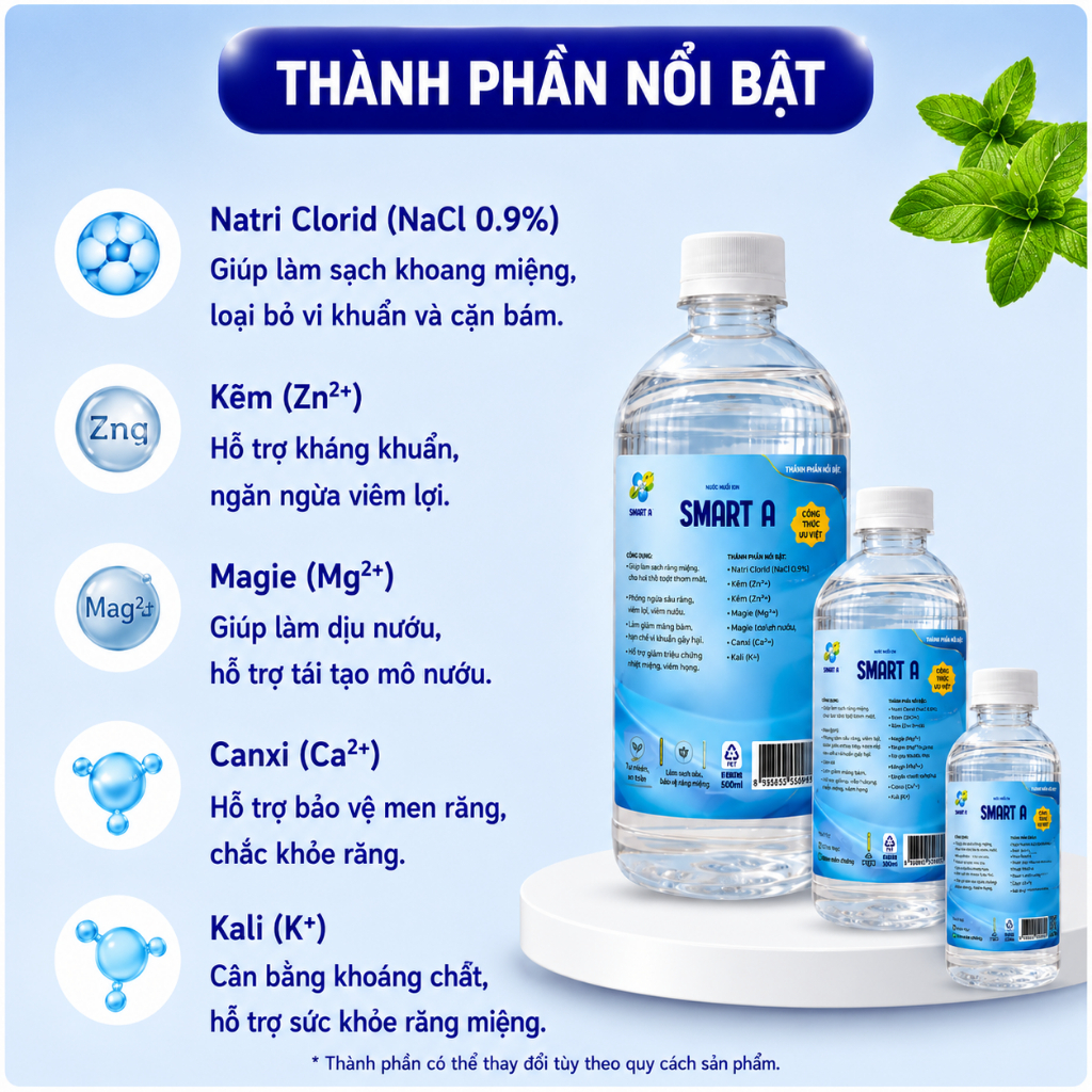[MẪU MỚI] Nước Muối Smart A ion Kiềm 500ml Hỗ Trợ Vệ Sinh Răng Miệng, Súc Miệng Hàng Ngày, An Toàn Lành Tính G55