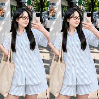 Set Bộ Sơ Mi Bigsize Nữ Somi Tay Ngắn Xẻ Tà Lưng Cá Tính Phối Quần Đùi Sọc SET878