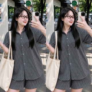 Set Bộ Sơ Mi Bigsize Nữ Áo Somi Tay Ngắn Xẻ Tà Lưng Buộc Nơ Phối Quần Đùi Lưng Chun SET878