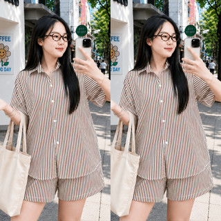 Set Bộ Sơ Mi Bigsize Nữ Somi Tay Ngắn Xẻ Tà Lưng Cá Tính Phối Quần Đùi Sọc SET878