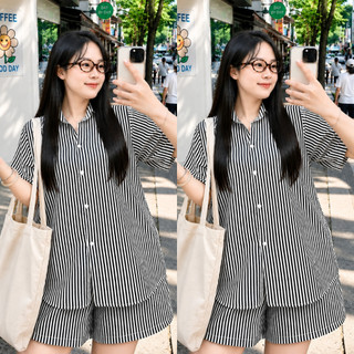 Set Bộ Sơ Mi Bigsize Nữ Somi Tay Ngắn Xẻ Tà Lưng Cá Tính Phối Quần Đùi Sọc SET878