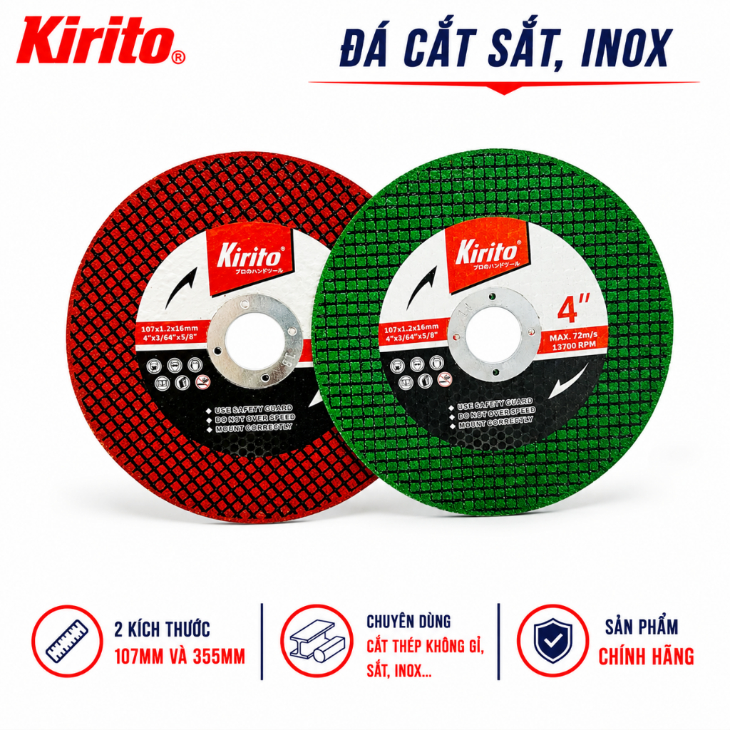 Đá Cắt Sắt Inox Kirito Nhật Bản Hộp 100 Viên, Đĩa Cắt Kim Loại 107mm/355mm Chính Hãng