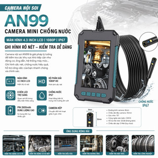 Camera Mini Chống Nước, Camera Nội Soi AN99 Cầm Tay Màn Hình 4.3 Inch LCD 1080P IP67 Với 8 Đèn Led 8mm, Quay Nét Rõ Ràng