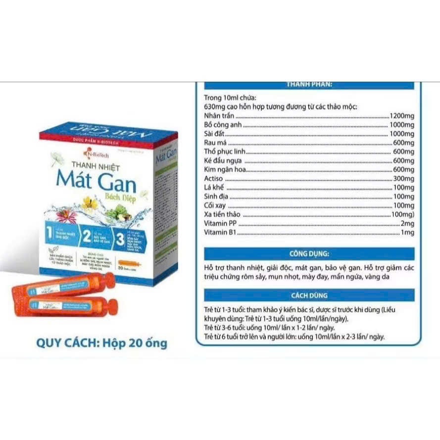 Thanh Nhiệt Mát Gan Bách Diệp N-BioTech Hộp 20 Ống 10ml Thảo Dược Thiên Nhiên Dạng Uống