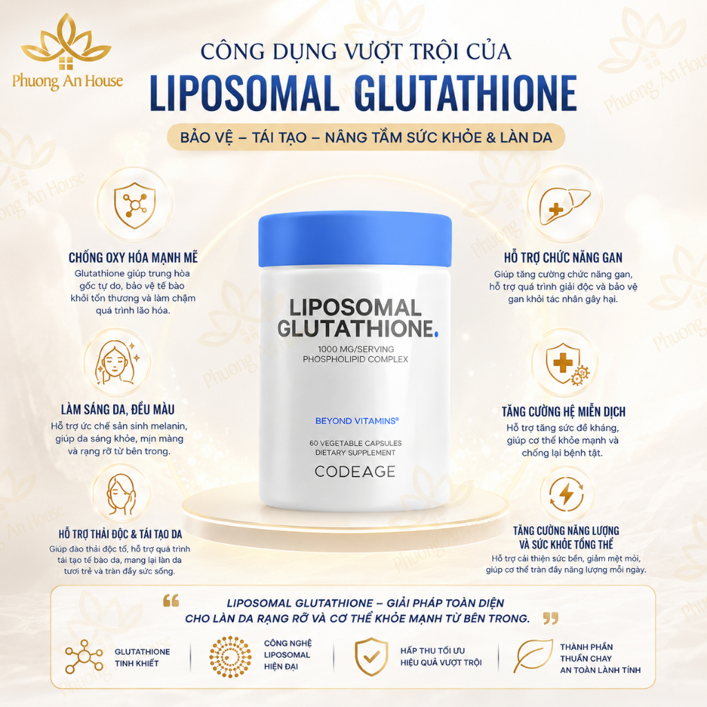 Viên uống trắng da, giảm nám sạm Codeage Liposomal Glutathione 1000mg 60 viên