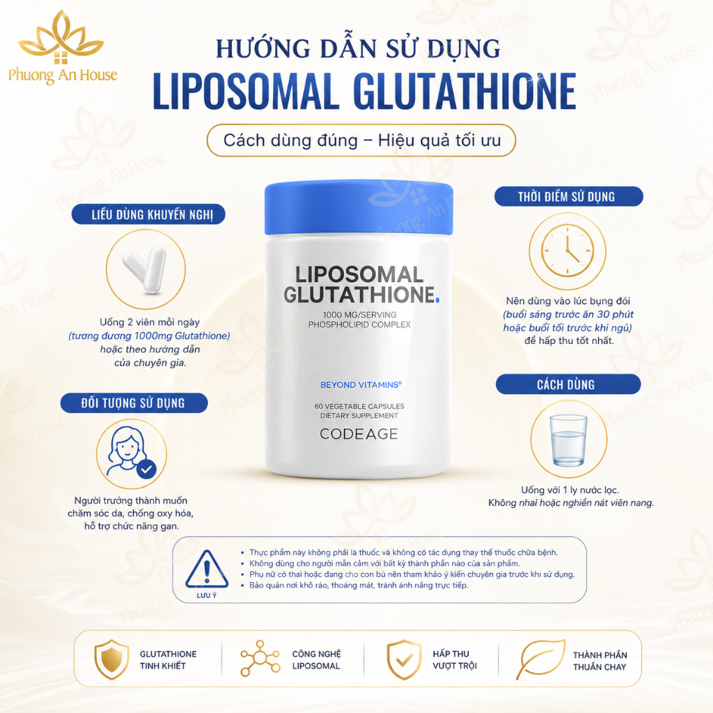 Viên uống trắng da, giảm nám sạm Codeage Liposomal Glutathione 1000mg 60 viên