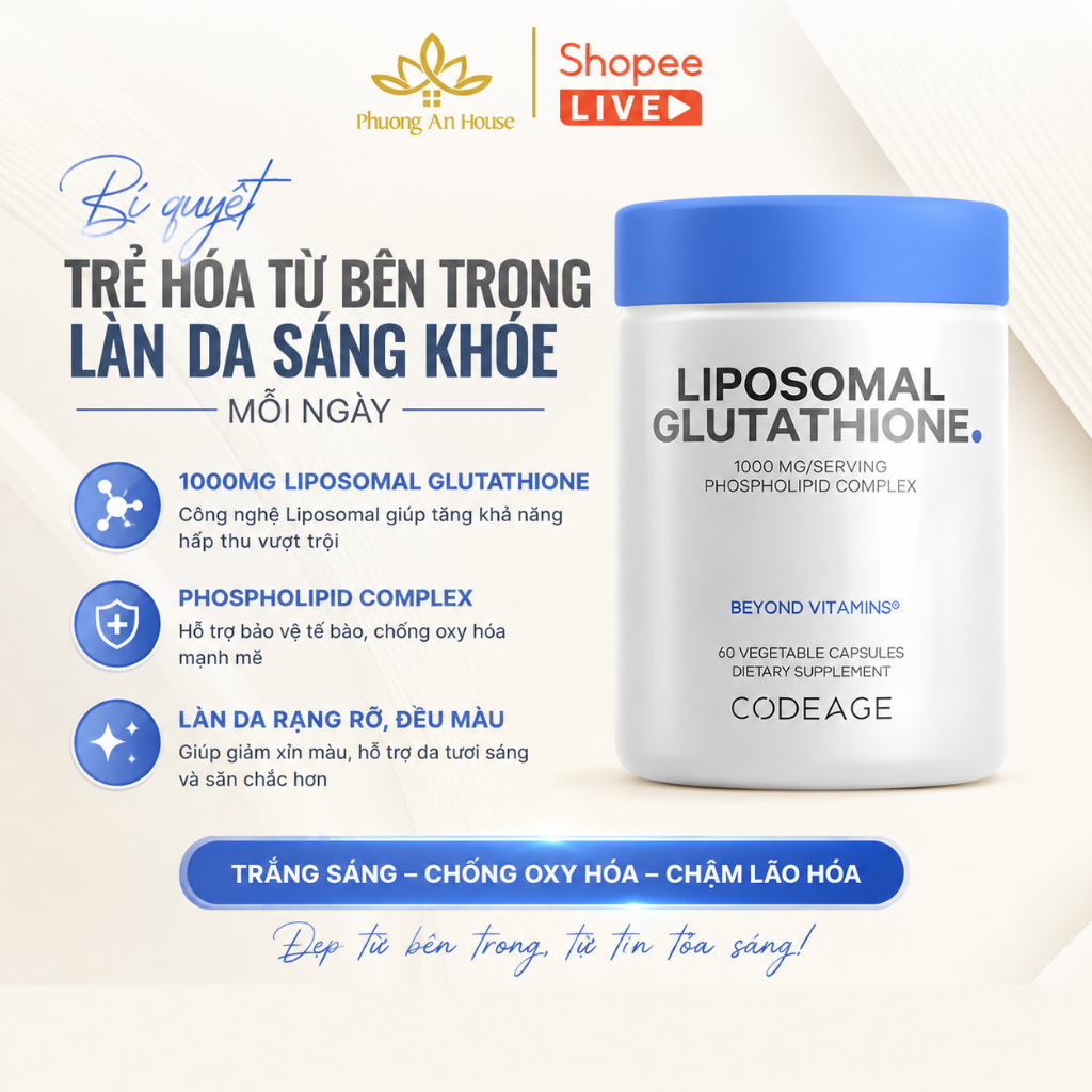 Viên uống trắng da, giảm nám sạm Codeage Liposomal Glutathione 1000mg 60 viên
