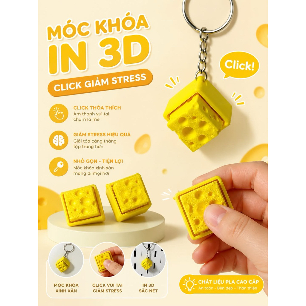 Móc Khóa Click Giảm Stress In 3D Hình Phô Mai - Đồ Chơi Fidget Mini Cầm Tay, Giảm Căng Thẳng, Quà Tặng Dễ Thương