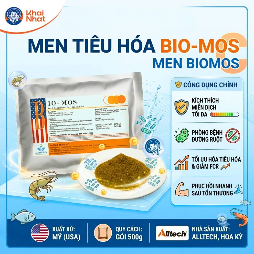 Men tiêu hóa Biomos cho Thủy sản (500g/gói)- Hỗ trợ phòng bệnh ruột, giảm FCR, phân trắng
