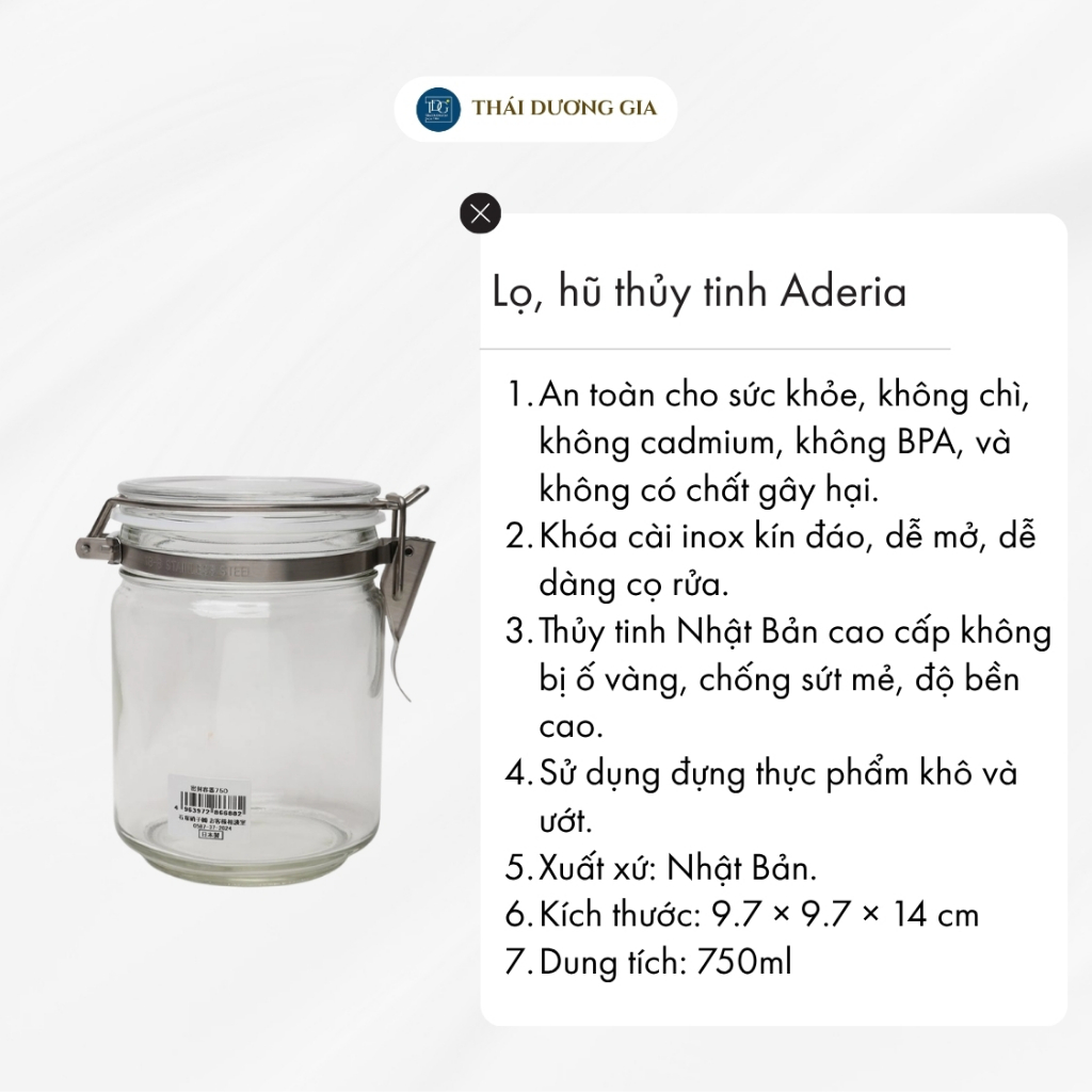 Lọ, hũ thủy tinh 750ml có đai kẹp bằng inox Nhật Bản Aderia M-6688 | Thái Dương Gia