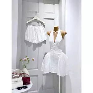 SET ĐẦM CỔ YẾM REN HOA ĐÍNH NÚT BỌC PHỐI QUẦN SHORT, SET ĐỒ NỮ TIỂU THƯ DỊU DÀNG | MEOINDAHOUSE