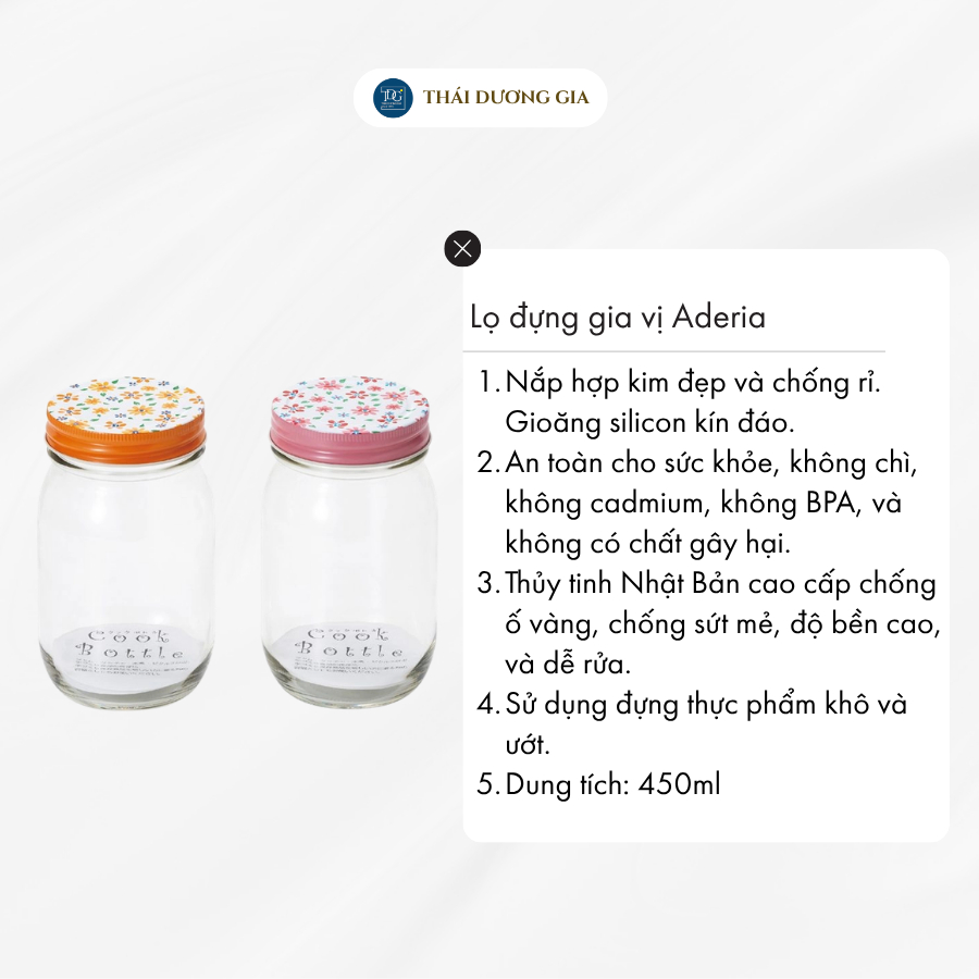 Lọ đựng gia vị, đồ khô thủy tinh nắp hợp kim chống gỉ 450ml Nhật Bản Aderia – S-2033-C