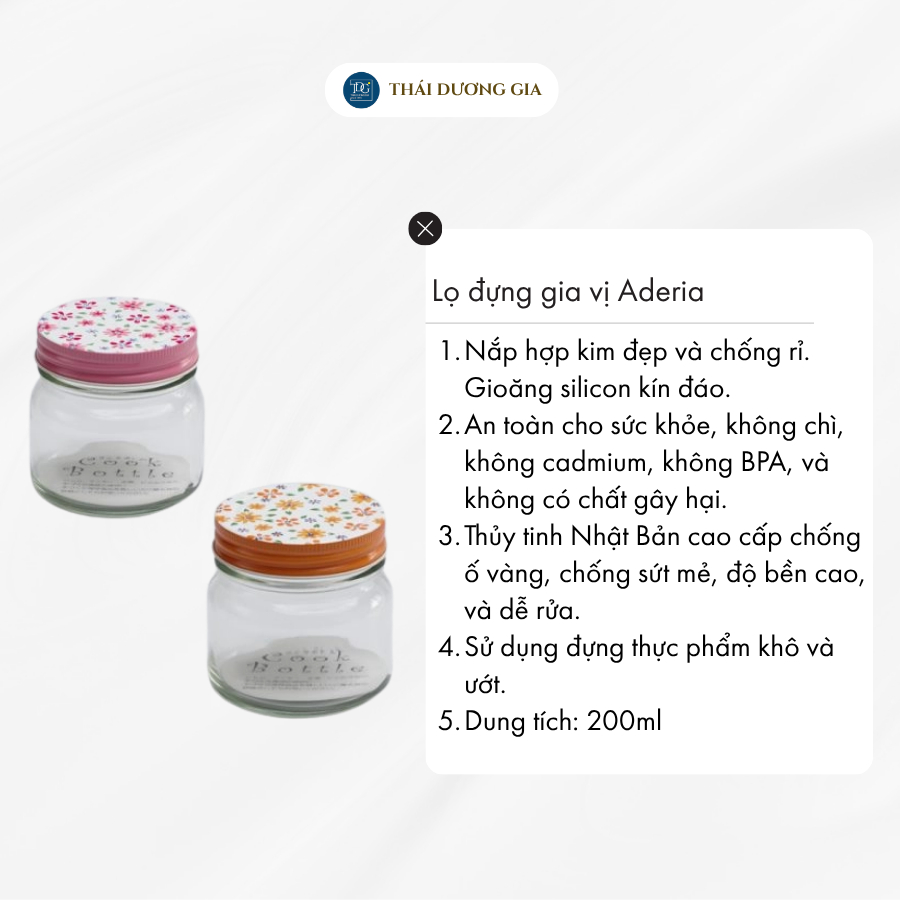 Lọ đựng gia vị, đồ khô thủy tinh nắp hợp kim chống gỉ 200ml Nhật Bản Aderia | Thái Dương Gia