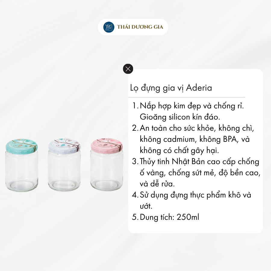 Lọ đựng gia vị, đồ khô thủy tinh nắp hợp kim chống gỉ 250ml Nhật Bản Aderia | Thái Dương Gia