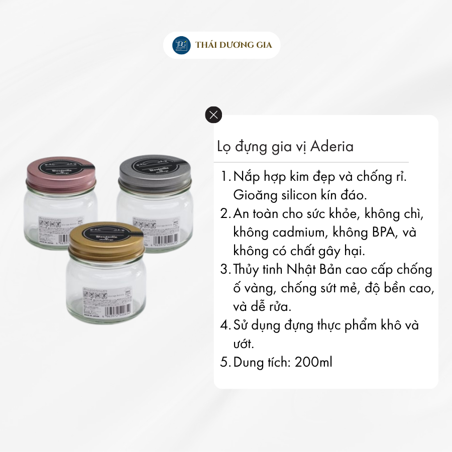 Lọ đựng gia vị, đồ khô thủy tinh nắp hợp kim chống gỉ 200ml Nhật Bản Aderia | Thái Dương Gia
