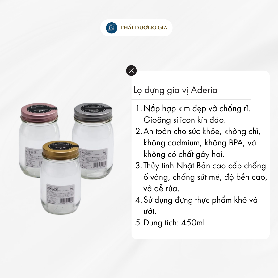Lọ đựng gia vị, đồ khô thủy tinh nắp hợp kim chống gỉ 450ml Nhật Bản Aderia S-2066-H |Thái Dương Gia