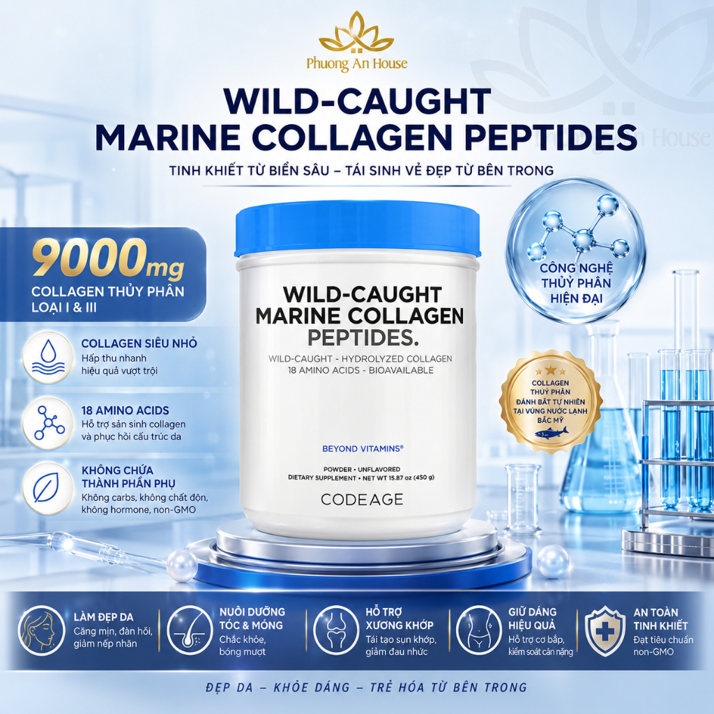 Bột bổ sung collagen giúp trẻ hóa da Codeage Marine Collagen Peptides 450g