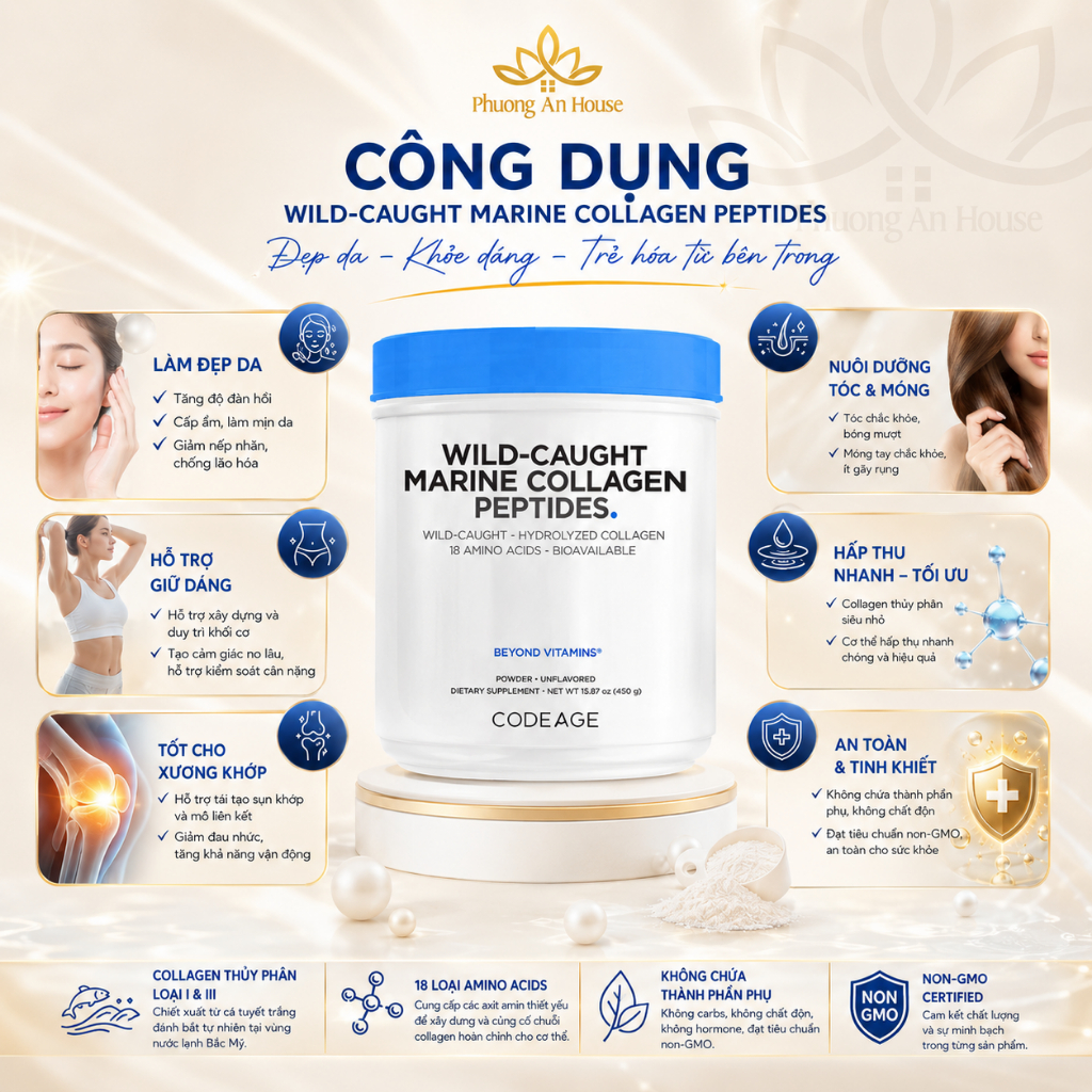 Bột bổ sung collagen giúp trẻ hóa da Codeage Marine Collagen Peptides 450g