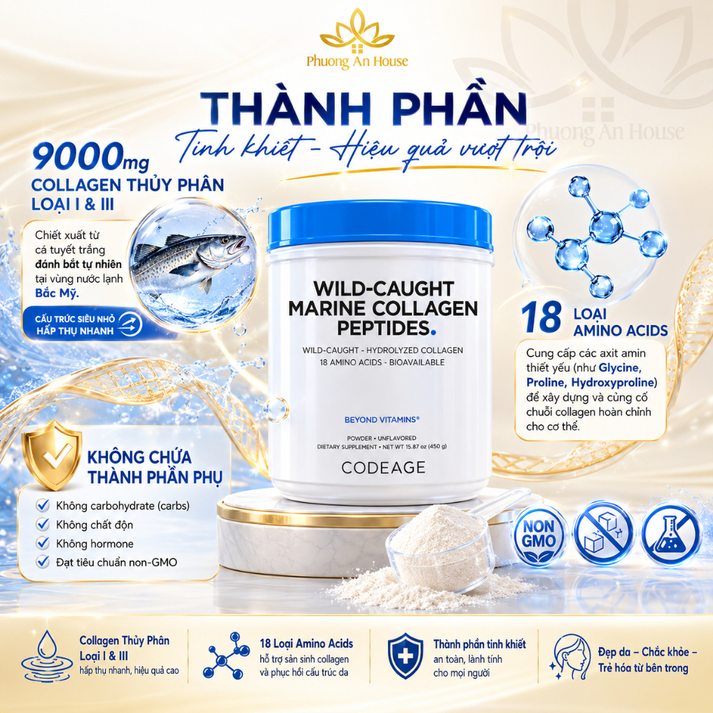 Bột bổ sung collagen giúp trẻ hóa da Codeage Marine Collagen Peptides 450g