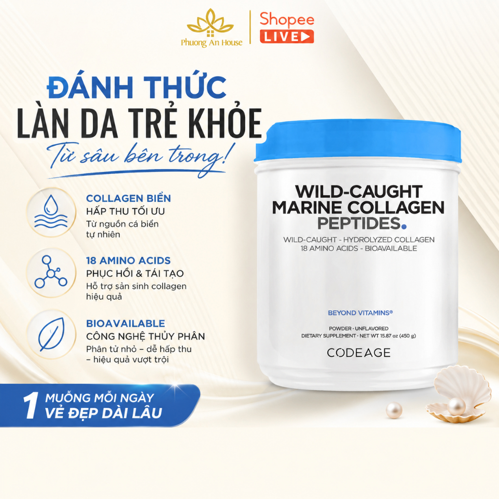 Bột bổ sung collagen giúp trẻ hóa da Codeage Marine Collagen Peptides 450g