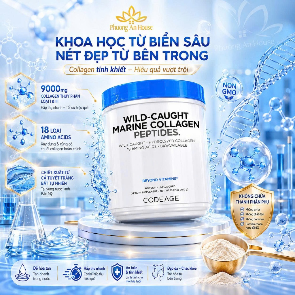 Bột bổ sung collagen giúp trẻ hóa da Codeage Marine Collagen Peptides 450g