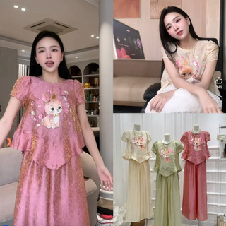 Sét áo lụa Tô Châu cộc tay vạt nhọn thêu thỏ + quần xuông lụa #26244