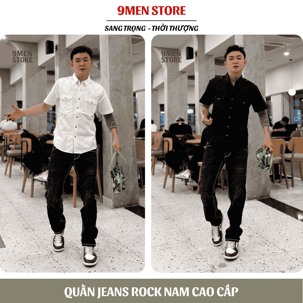Quần Jeans Đen Rock Dài Nam Thêu Chỉ Trắng - Vải Jeans Denim Cao Cấp Co Giãn Nhẹ Form Slim Suông D01