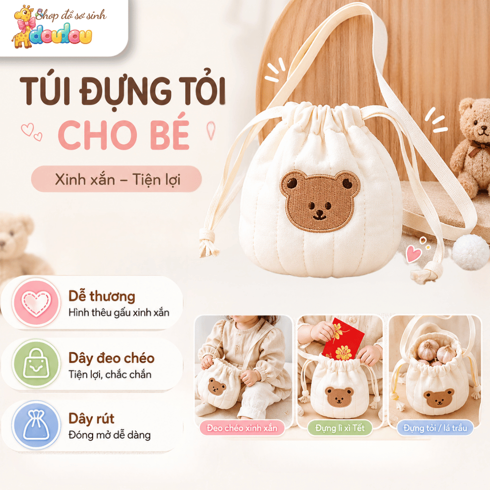 Túi Đựng Tỏi Cho Bé Thêu Hình Phong Cách Hàn Quốc Đeo Chéo Dây Rút Dễ Thương Cao Cấp DouDou A20