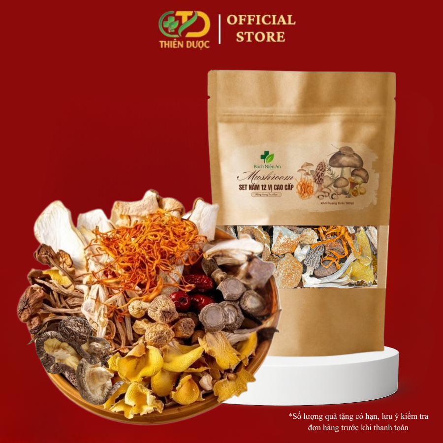COMBO túi 12 loại nấm sấy khô, Đông trùng hạ thảo Bách Niên An,Nấm Quý Thượng Hạng, Bổ Dưỡng 100Gr