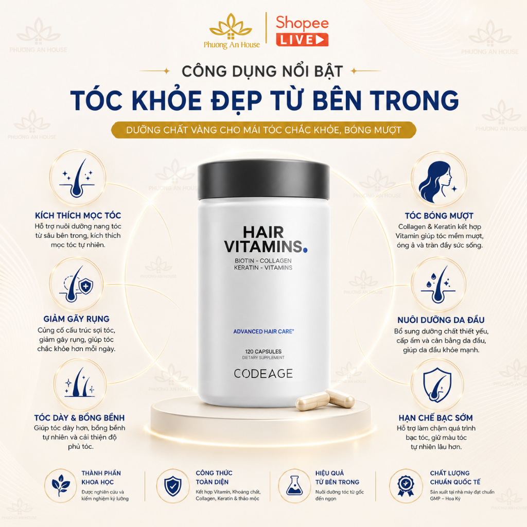 Viên uống hỗ trợ mọc và dưỡng tóc Codeage Hair Vitamins 120 viên