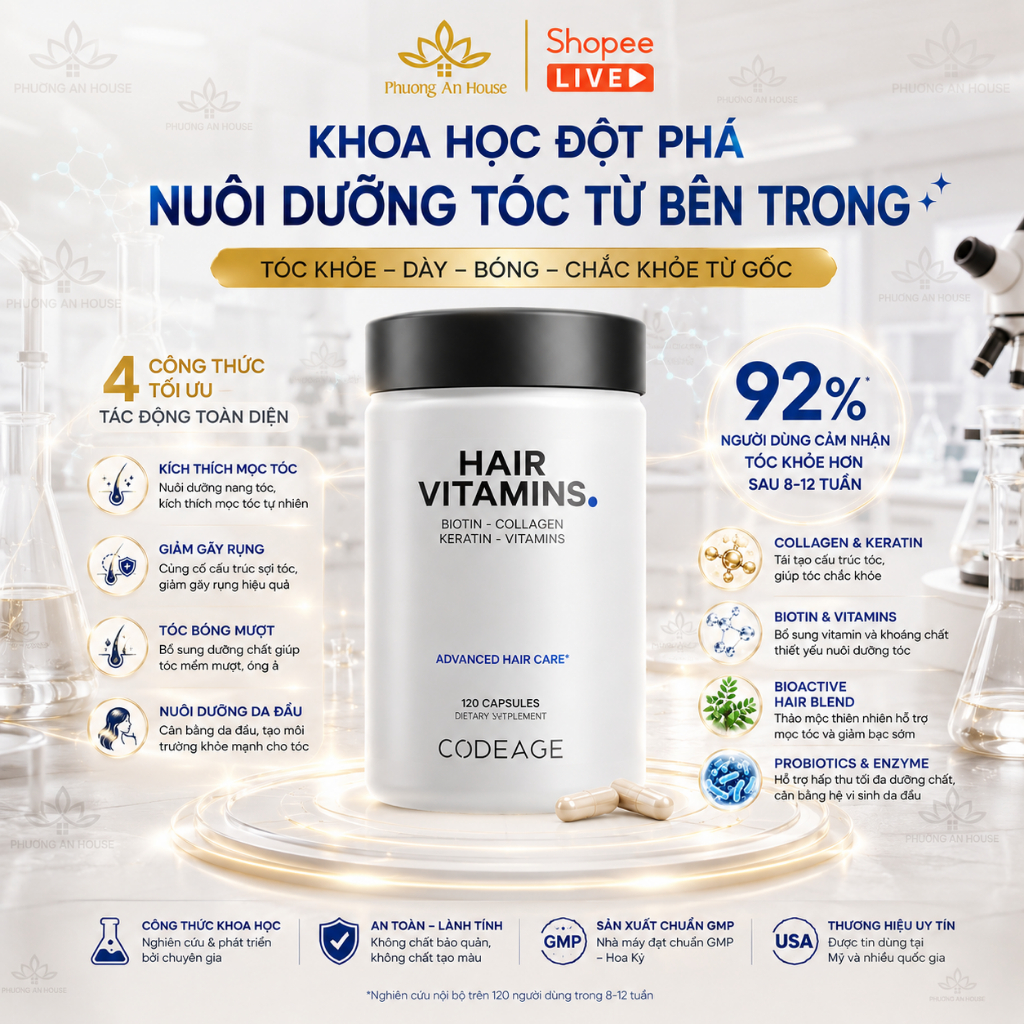Viên uống hỗ trợ mọc và dưỡng tóc Codeage Hair Vitamins 120 viên