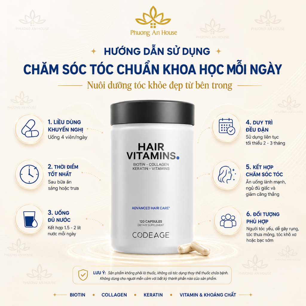 Viên uống hỗ trợ mọc và dưỡng tóc Codeage Hair Vitamins 120 viên
