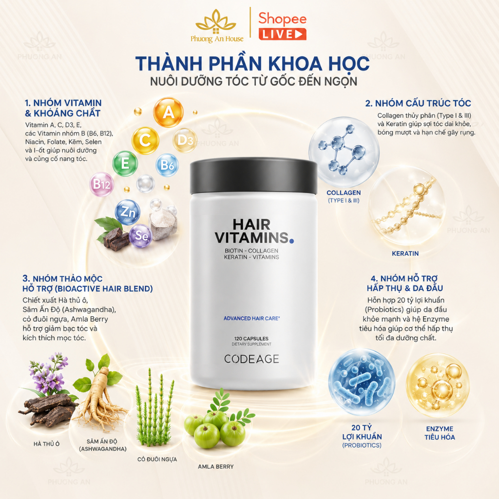 Viên uống hỗ trợ mọc và dưỡng tóc Codeage Hair Vitamins 120 viên