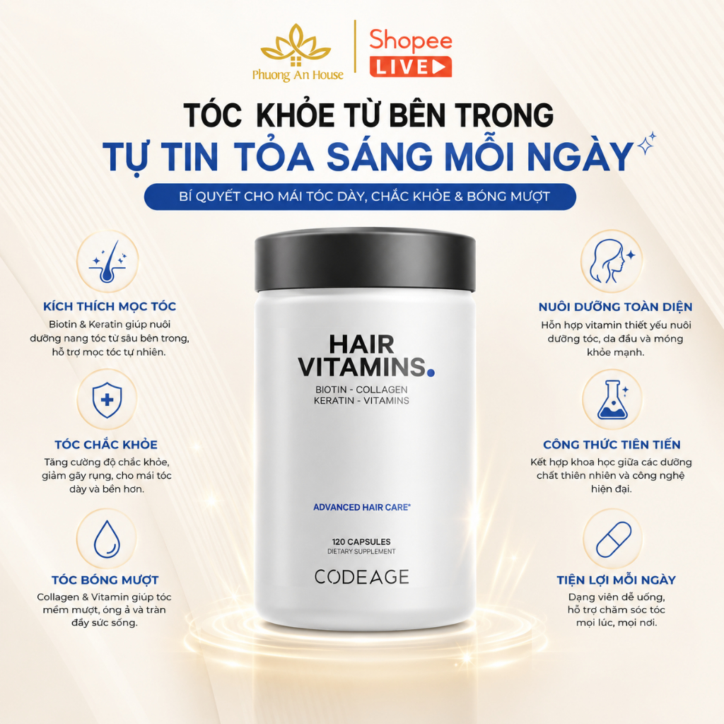 Viên uống hỗ trợ mọc và dưỡng tóc Codeage Hair Vitamins 120 viên