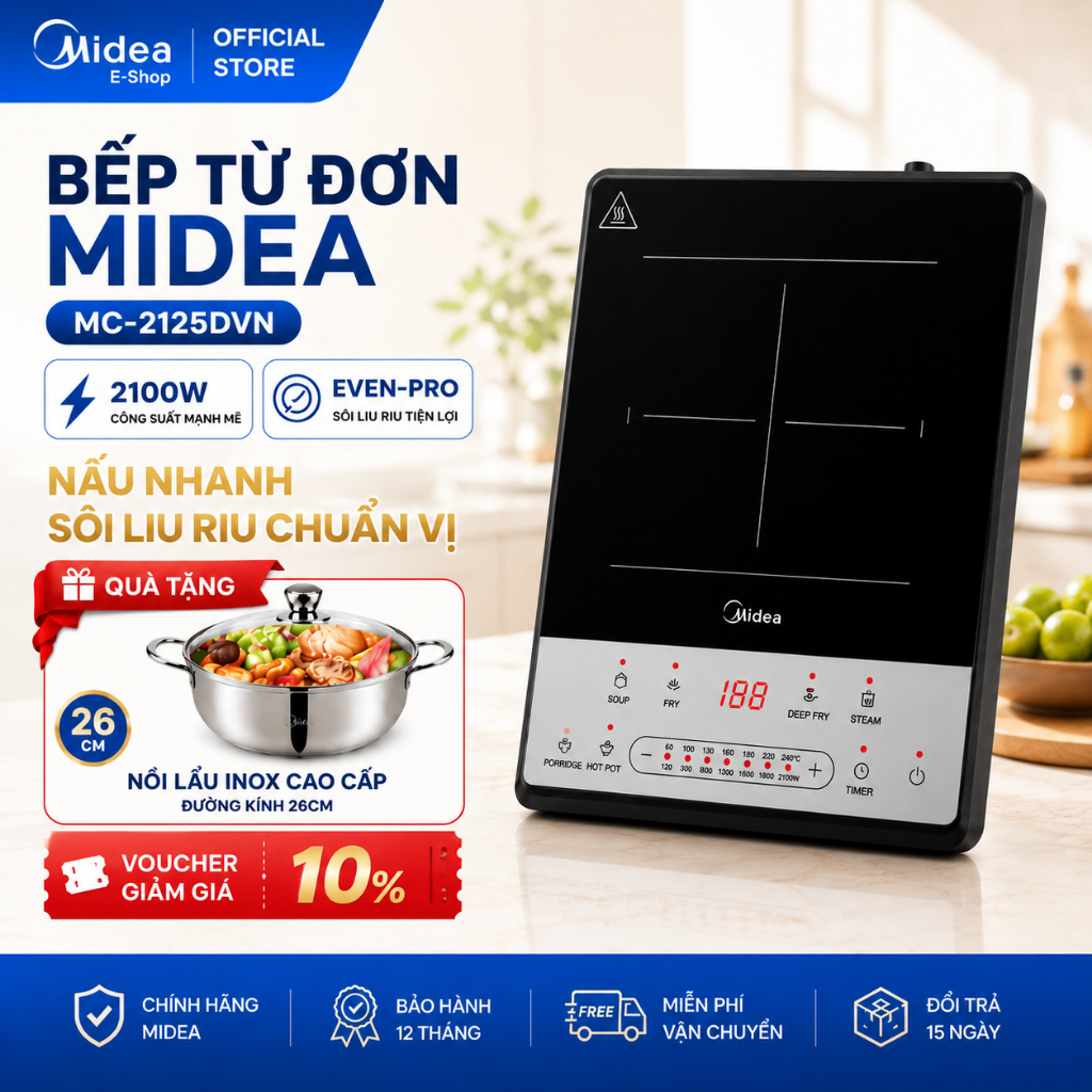 Bếp Từ Đơn Midea MC-2125DVN 2100W Chính Hãng | Even-Pro Sôi Liu Riu | Mâm Từ Kép | Hẹn Giờ 3 Giờ