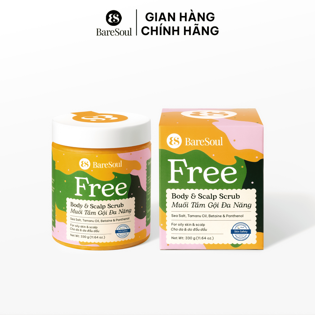 Muối tắm gội tẩy da chết da đầu, tóc Free BareSoul Salt Body & Scalp Scrub 330G