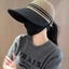 Mũ lưỡi trai vành rộng bằng cói, có phần đỉnh kín giúp che nắng, kèm nút cài khẩu trang tiện lợi cho các chuyến đi biển