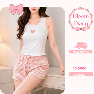 Set Áo Balo Viền Ren In Trái Cây Nhiệt Đới Kèm Quần Short Karo Nữ Ống Rộng Phối Nơ Chất Cotton - BD016