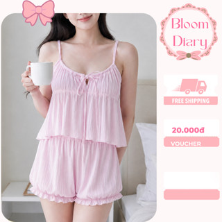 Set Đồ Ngủ Nữ 2 Dây Babydoll Có Sẵn Mút Mềm Dây Rút Buộc Nơ Quần Đùi Bí Chất Gân Len Cotton -  BD014