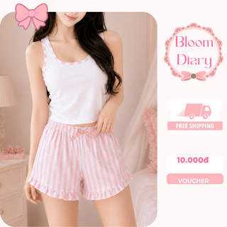 Set Ngủ Tiểu Thư Áo Ba Lỗ Trắng Phối Viền Kèm Quần Short Đính Nơ Viền Bèo Sọc Trắng Hồng | BD015