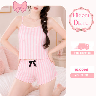 Set Đồ Ngủ Nữ Áo Hai Dây Sọc Trắng Hồng Kèm Quần Short Phối Nơ Ống Xòe Chất Cotton Mềm Mát, Set Ngủ Tiểu Thư- BD004