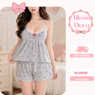 Set Bộ Đồ Ngủ Nữ Babydoll Cổ Yếm Viền Ren Có Sẵn Mút Mềm Đính Nơ Ngực Kèm Quần Đùi Ngắn - BD006