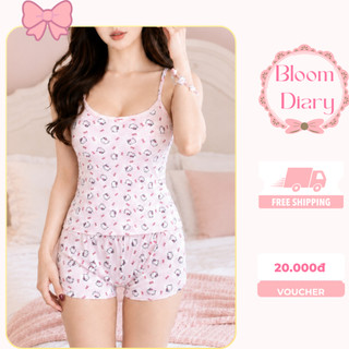 Bộ Đồ Ngủ Nữ Hello Kitty Gồm Áo 2 Dây Kèm Quần Mini ngắn  Form Ôm Body, Set Ngủ Chất Thun |BD017