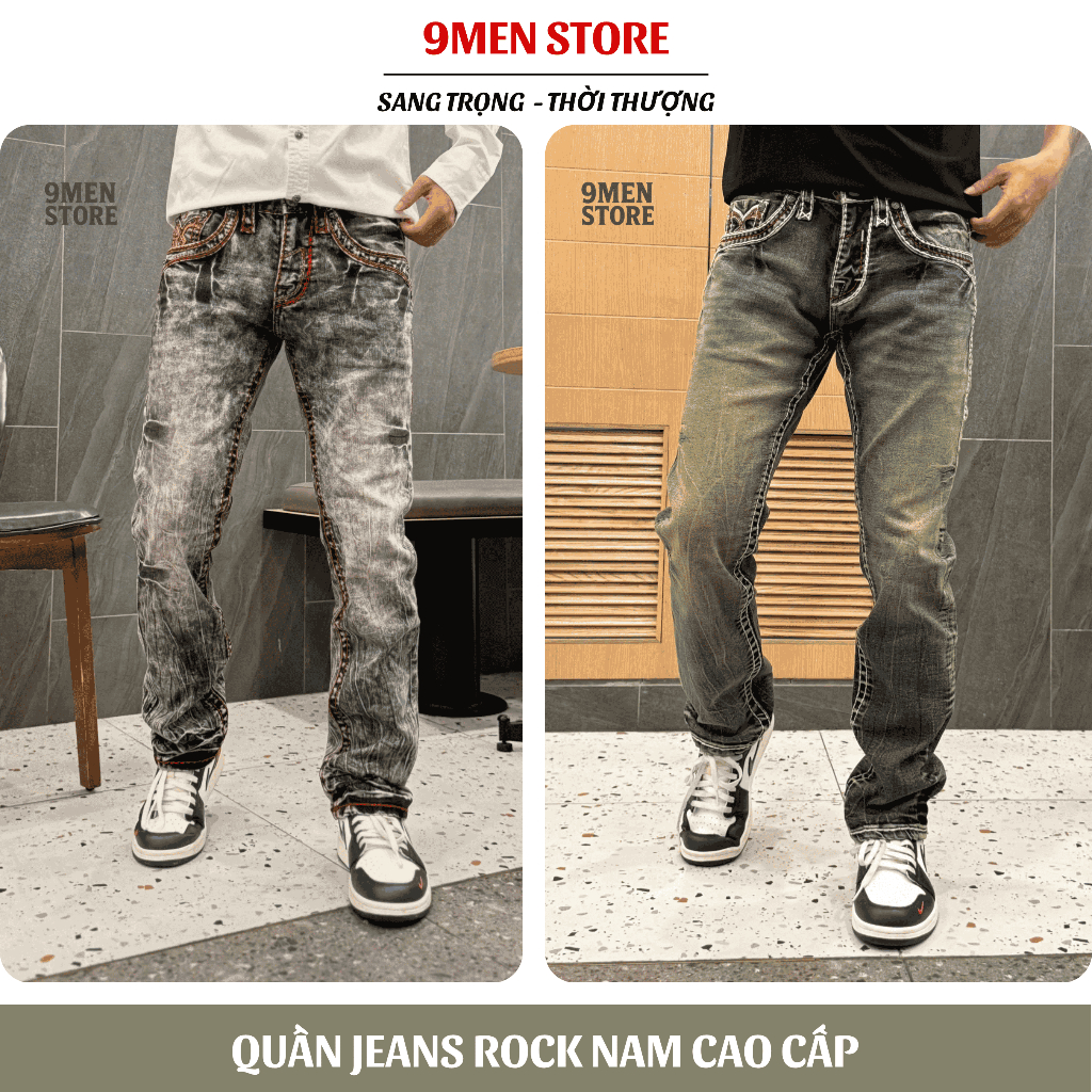 Quần Jeans Xanh Wash Rock Dài Nam - Vải Jenas Denim Cao Cấp Co Giãn Nhẹ Form Slim Suông D05