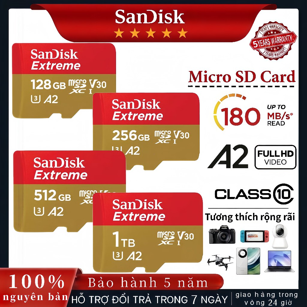 SanDisk Extreme Thẻ nhớ microSD C10 128GB/256GB/512GB/1TB Bảo hành 5 nă