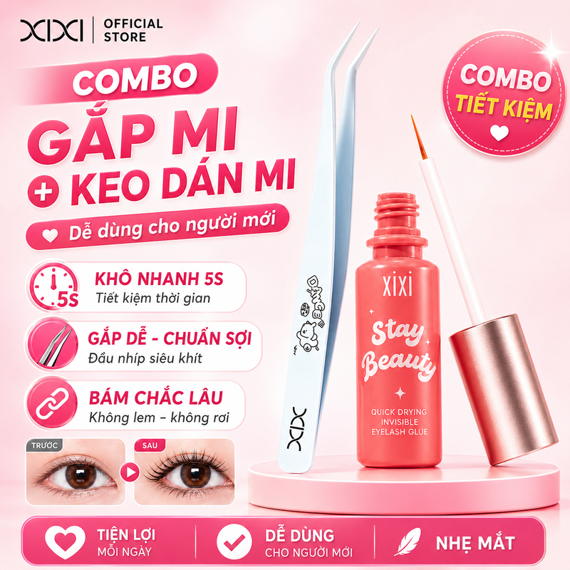XIXI Combo Nhíp Gắp Mi + Keo Dán Mi Khô Nhanh 5S Dễ Dùng Cho Người Mới GJ49+GJ225