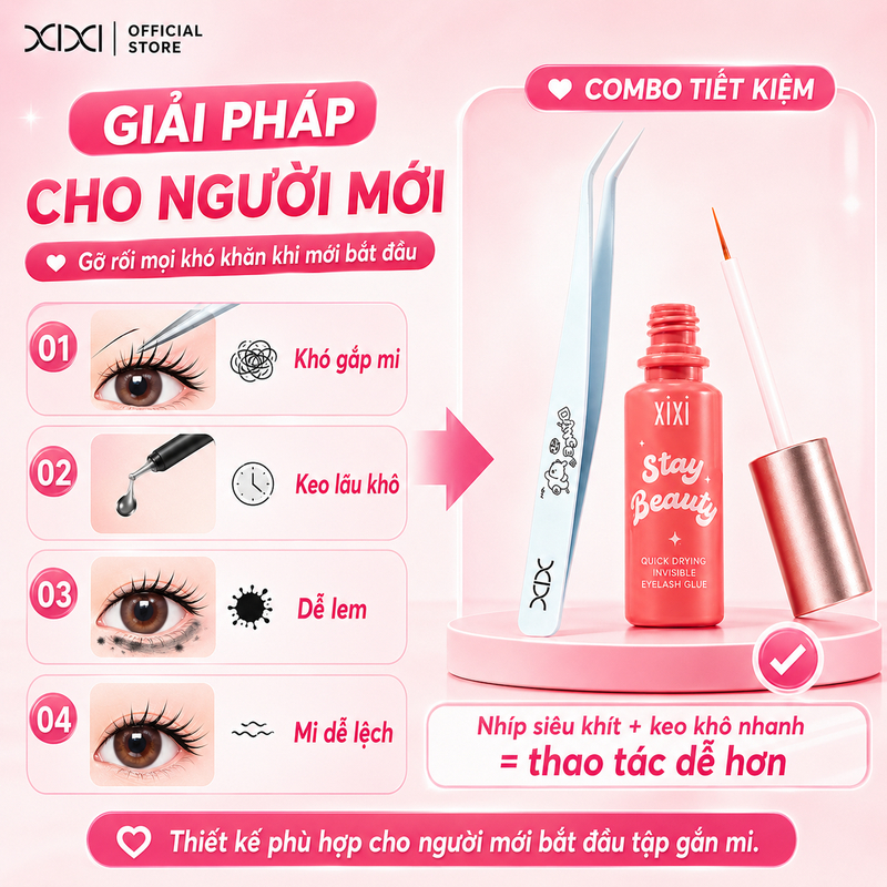 XIXI Combo Nhíp Gắp Mi + Keo Dán Mi Khô Nhanh 5S Dễ Dùng Cho Người Mới GJ49+GJ225