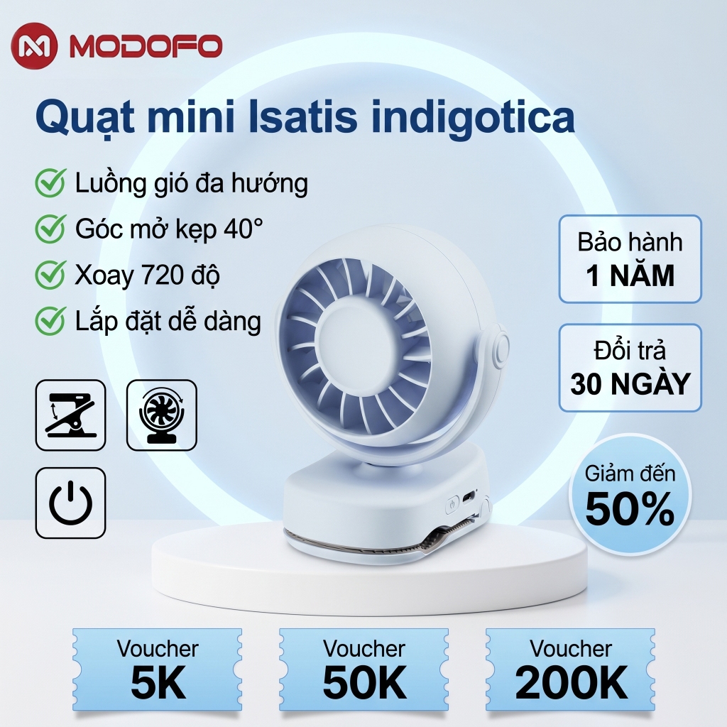 MODOFO 3.000 mAh Quạt tích điện mini để bàn, Quạt kẹp bàn, Kẹp Xe Đẩy xoay 360 độ pin sạc
