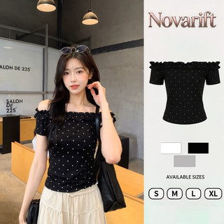 Nova-Áo kiểu trễ vai hack dáng chấm bi, viền bèo nhún, dáng ôm, thích hợp mặc mùa hè